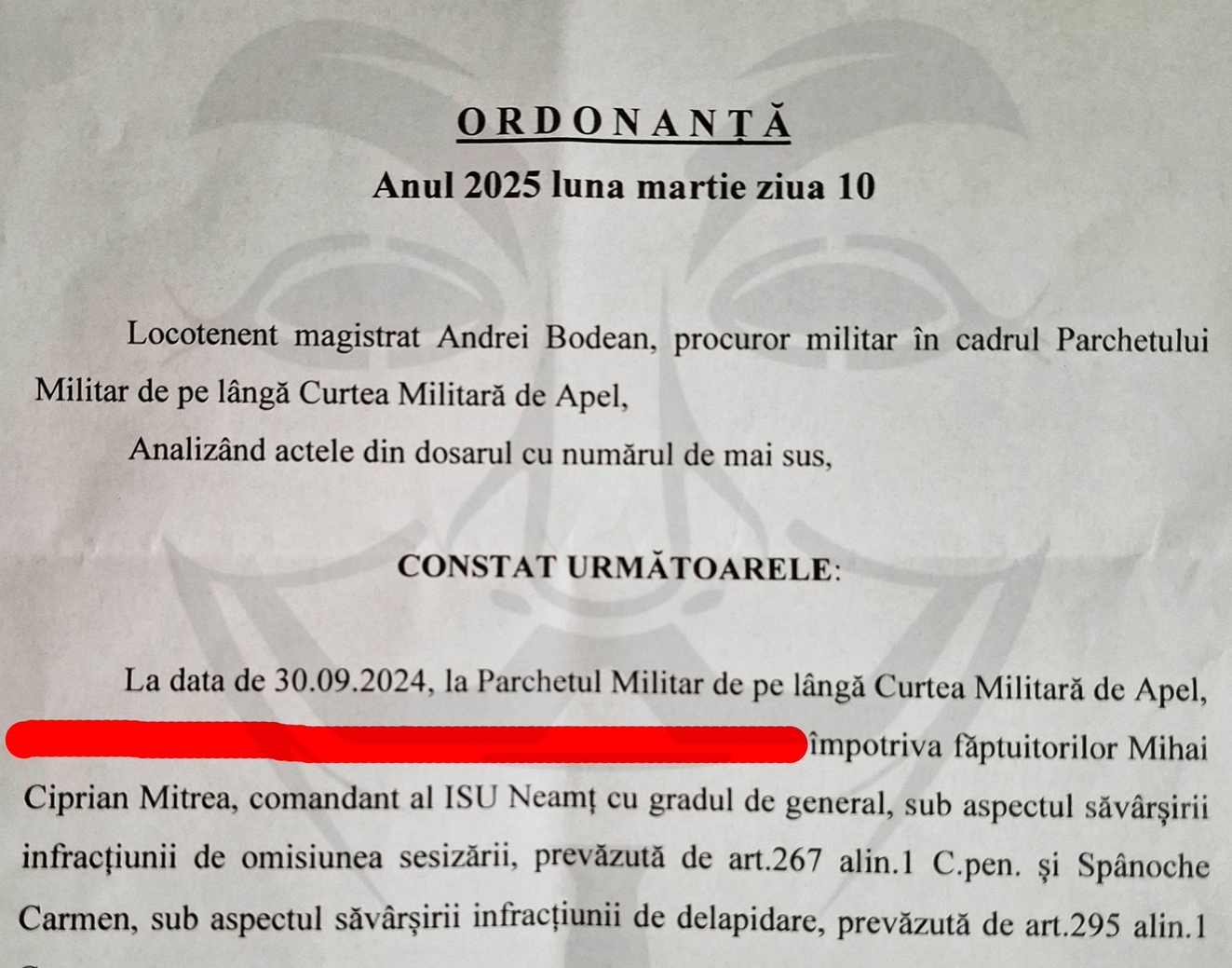 general mitrea isu neamt ancheta penala dosar xx anonymous piatra neamt